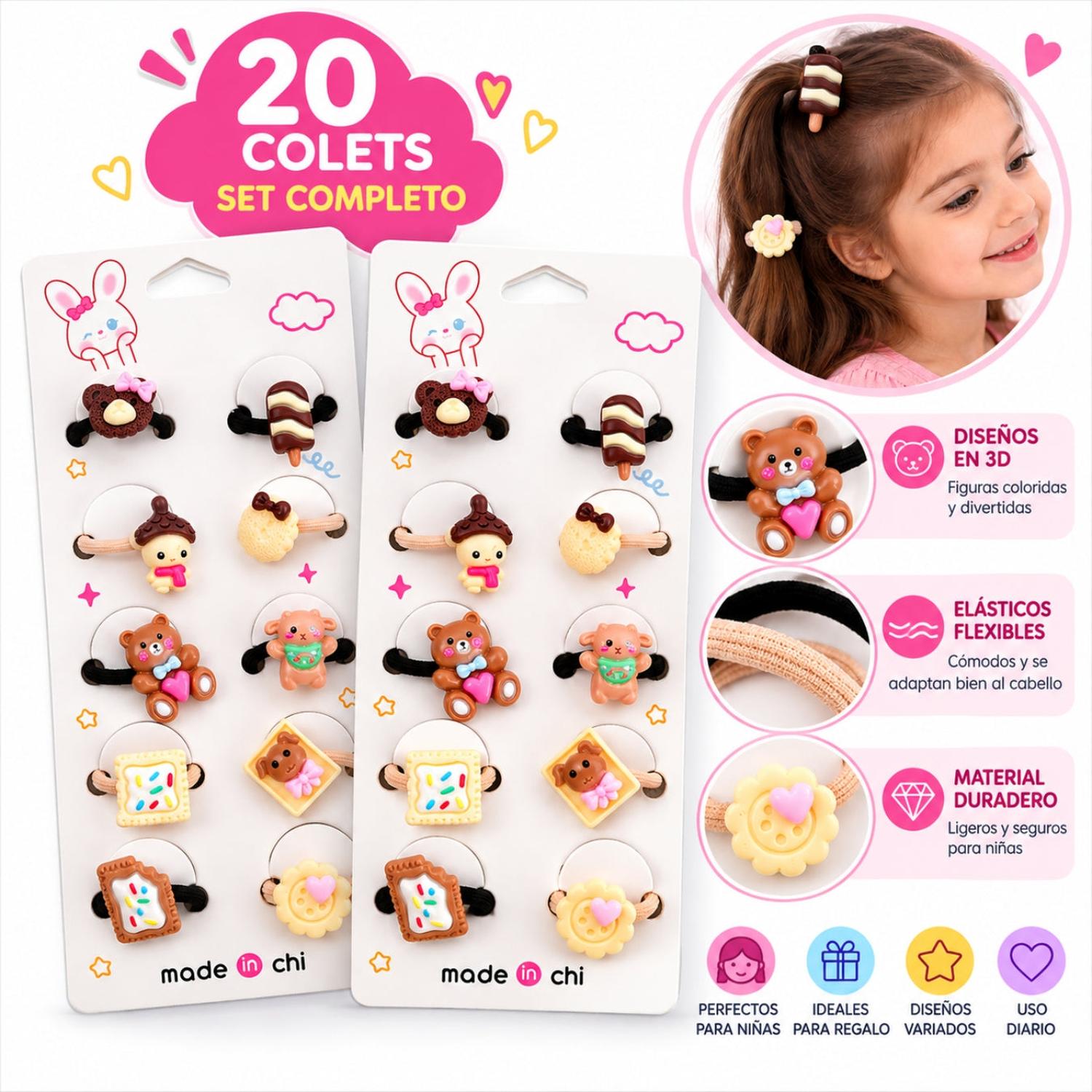 SET DE 20 COLETS PARA NIÑAS CON FIGURAS 3D DE OSITOS, DULCES Y DISEÑOS KAWAII - 2