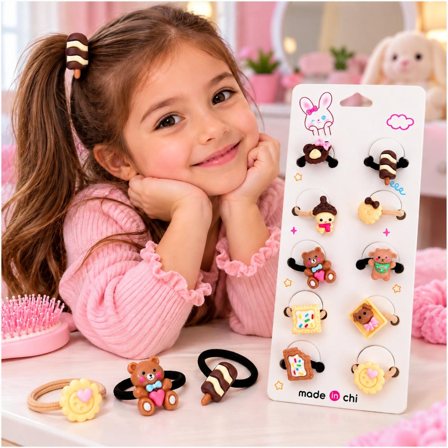 SET DE 20 COLETS PARA NIÑAS CON FIGURAS 3D DE OSITOS, DULCES Y DISEÑOS KAWAII - 3