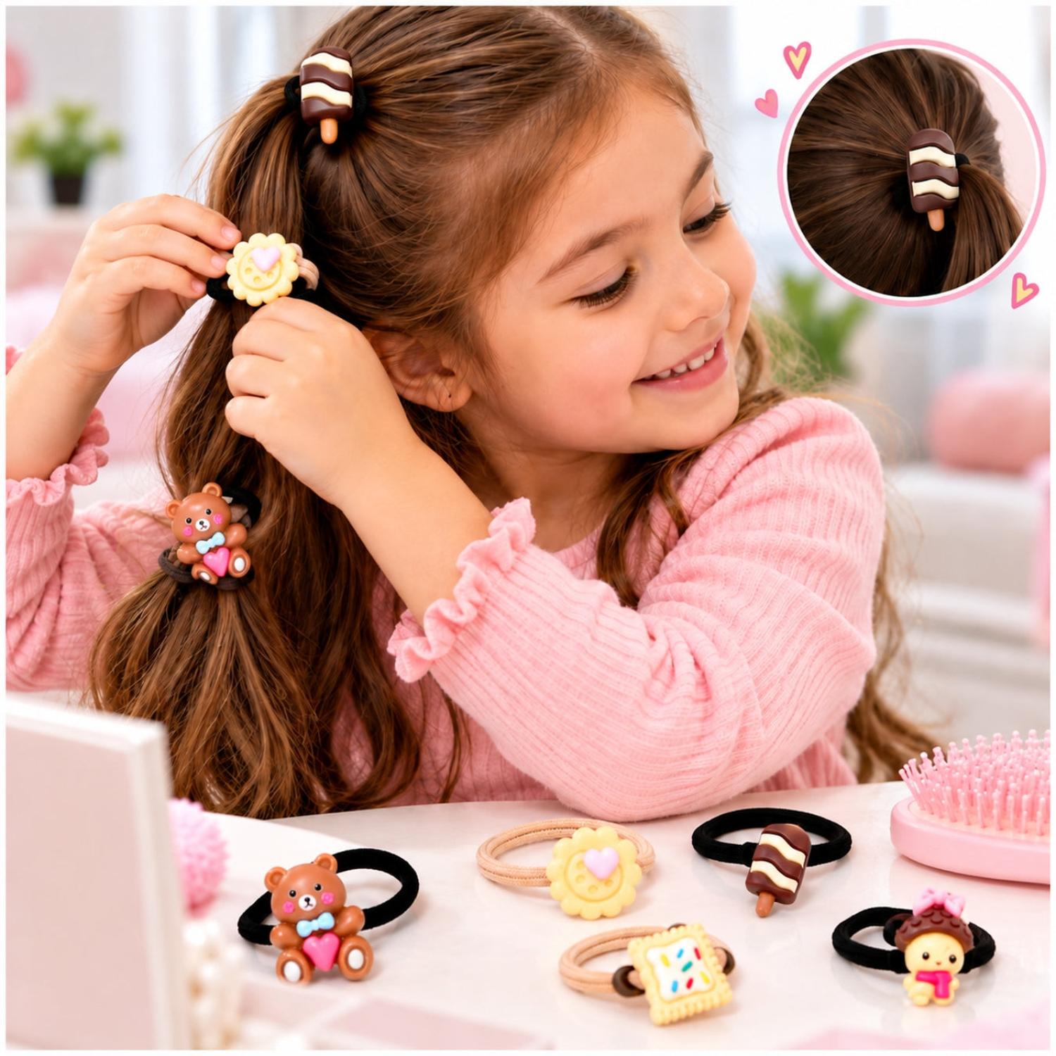 SET DE 20 COLETS PARA NIÑAS CON FIGURAS 3D DE OSITOS, DULCES Y DISEÑOS KAWAII - 4