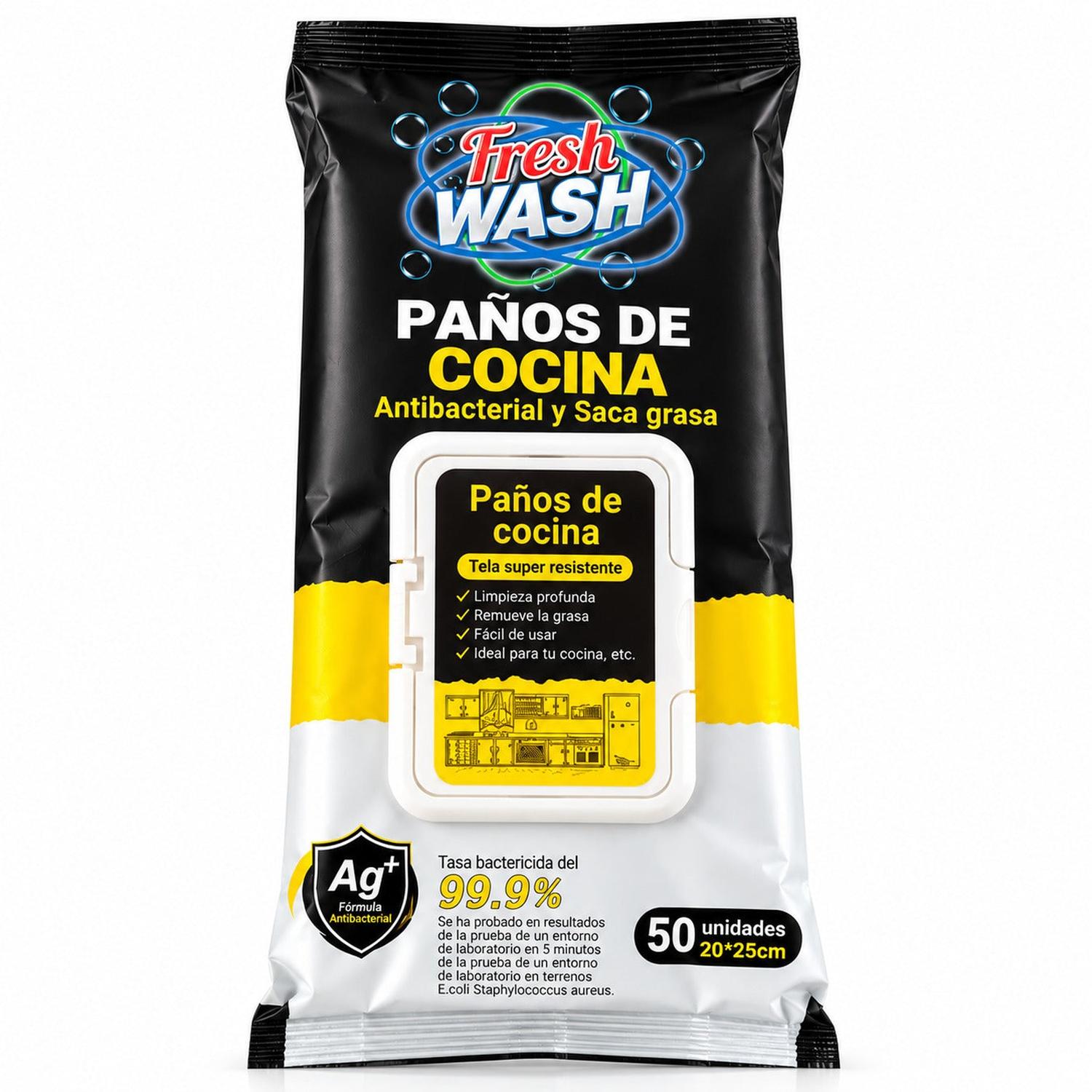 PAÑOS HÚMEDOS ANTIBACTERIALES FRESH WASH PARA COCINA ANTIGRASA 50 UNIDADES - 1
