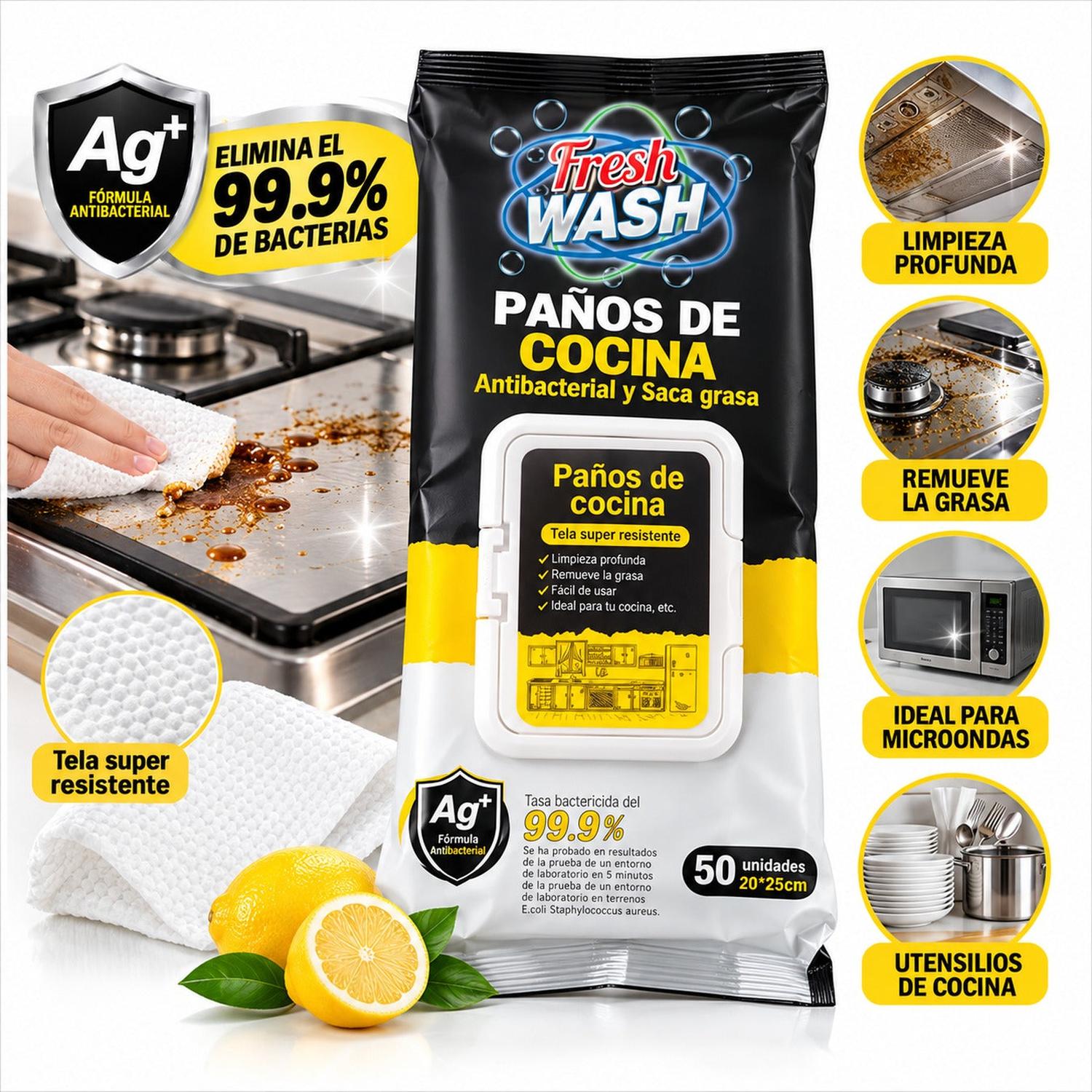 PAÑOS HÚMEDOS ANTIBACTERIALES FRESH WASH PARA COCINA ANTIGRASA 50 UNIDADES - 2
