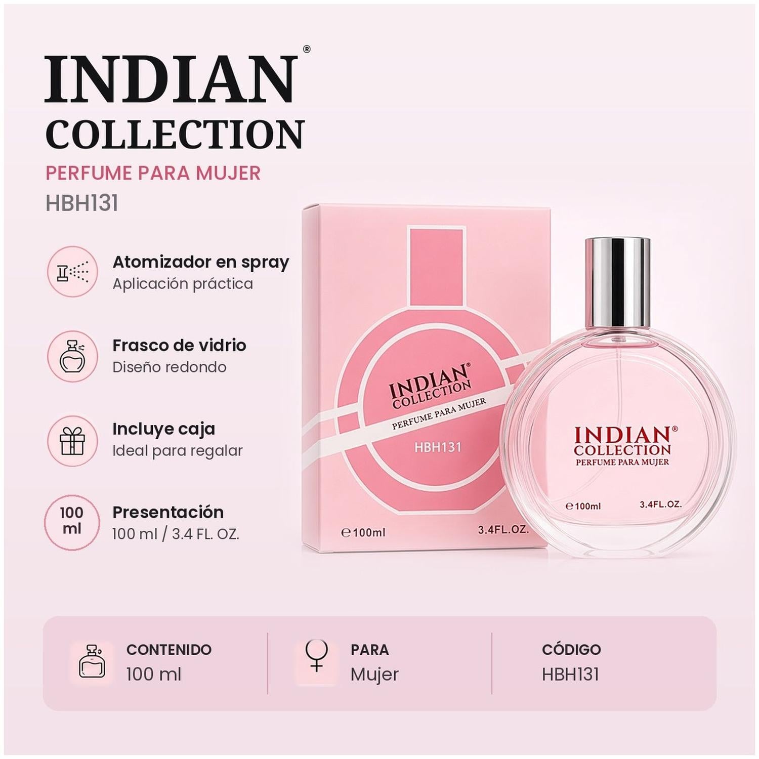 PERFUME PARA MUJER INDIAN COLLECTION HBH131 100 ML EN FRASCO DE VIDRIO CON ATOMIZADOR SPRAY - 2