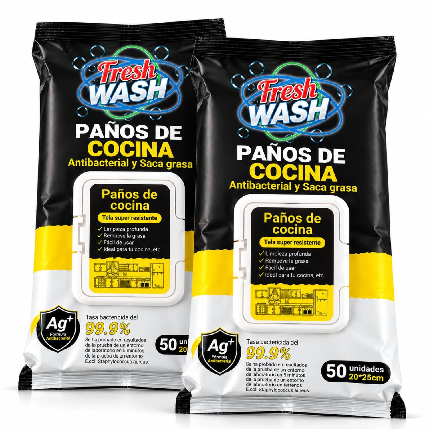 PACK X2 PAÑOS HÚMEDOS ANTIBACTERIALES FRESH WASH PARA COCINA ANTIGRASA 100 UNIDADES - 1