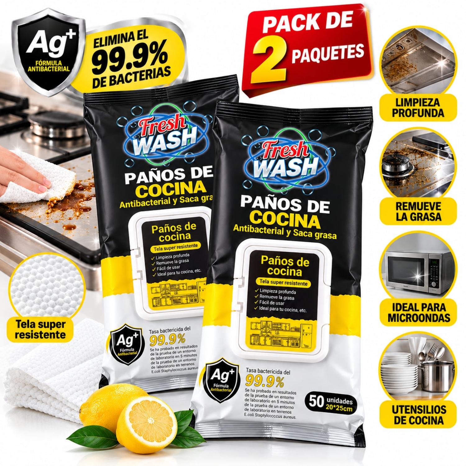 PACK X2 PAÑOS HÚMEDOS ANTIBACTERIALES FRESH WASH PARA COCINA ANTIGRASA 100 UNIDADES - 2