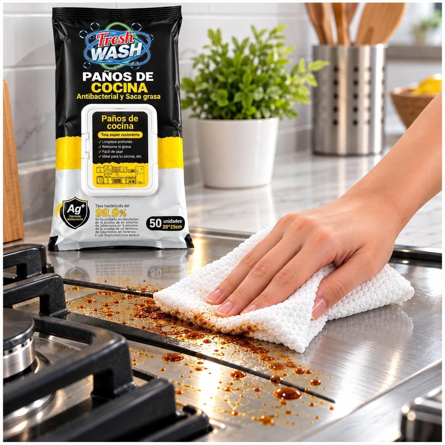 PACK X2 PAÑOS HÚMEDOS ANTIBACTERIALES FRESH WASH PARA COCINA ANTIGRASA 100 UNIDADES - 3