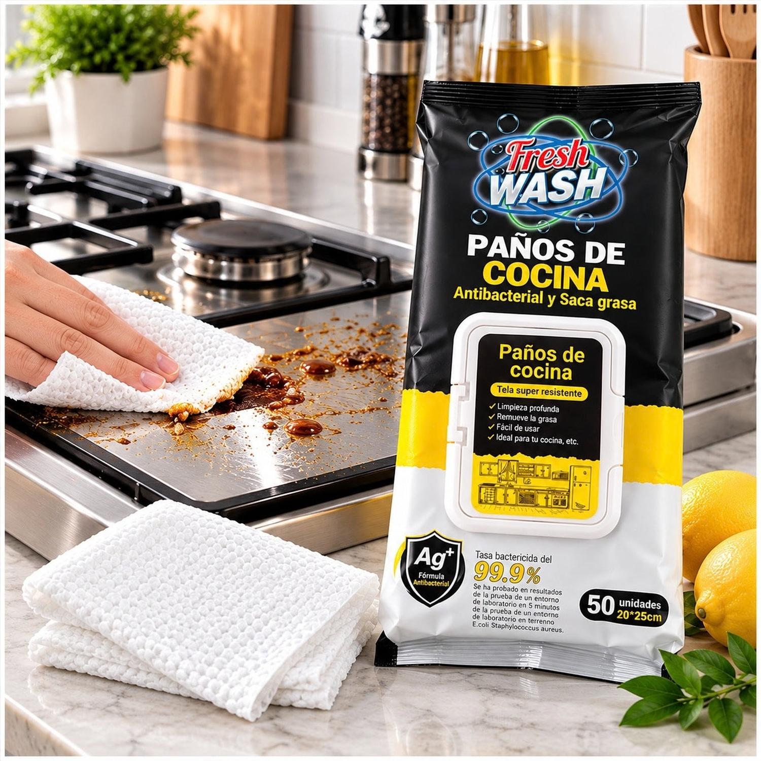 PACK X2 PAÑOS HÚMEDOS ANTIBACTERIALES FRESH WASH PARA COCINA ANTIGRASA 100 UNIDADES - 4
