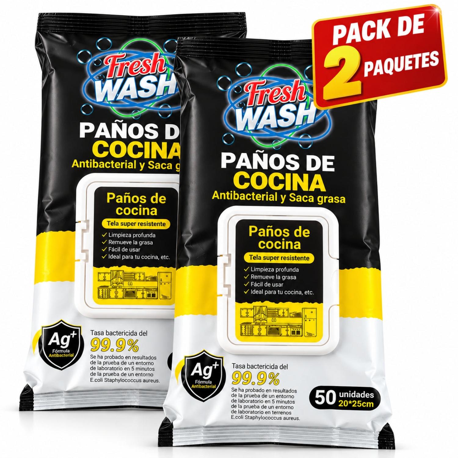 PACK X2 PAÑOS HÚMEDOS ANTIBACTERIALES FRESH WASH PARA COCINA ANTIGRASA 100 UNIDADES - 5