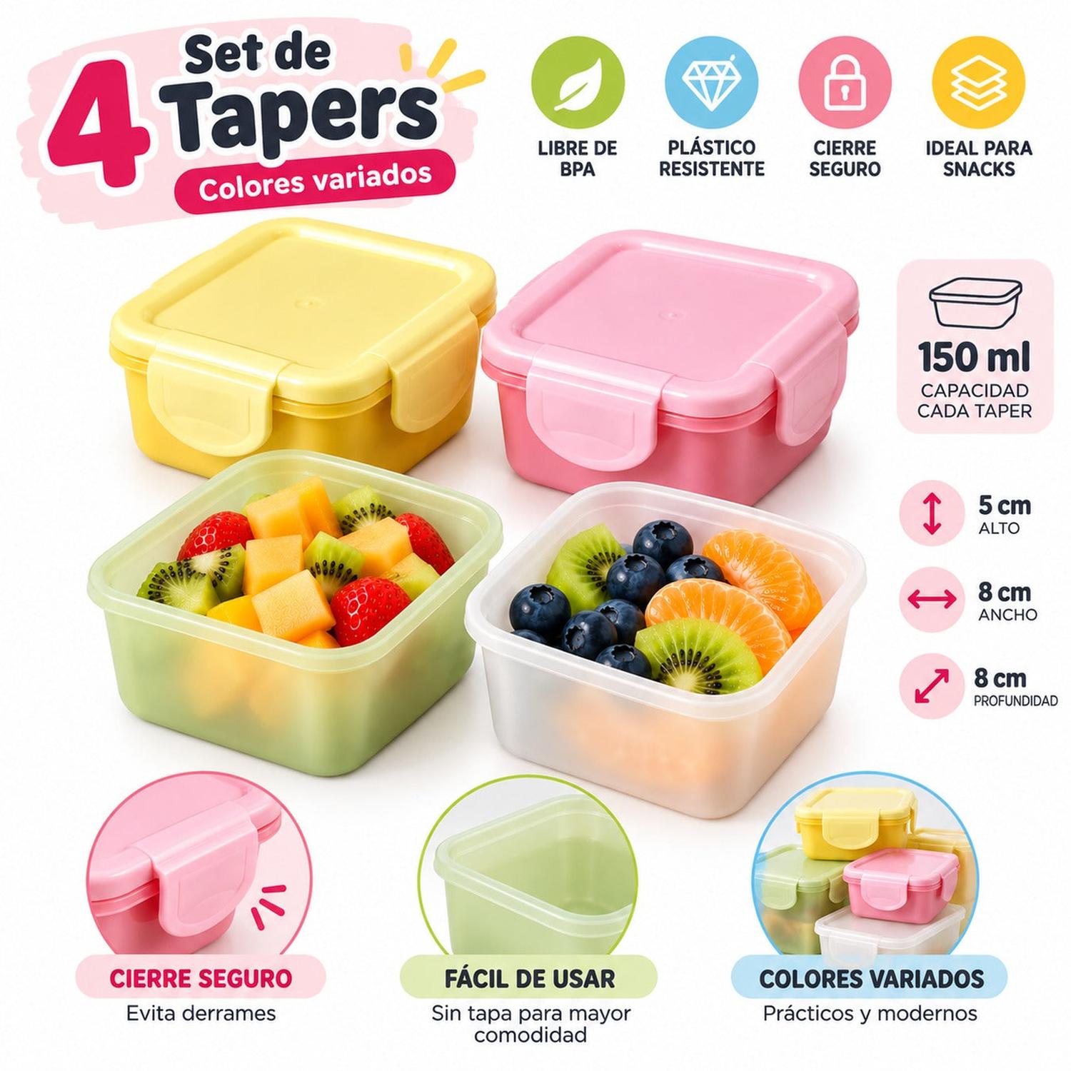 SET DE 4 TÁPERES HERMÉTICOS DE 150 ML CON TAPA Y CIERRE SEGURO COLOR ALEATORIO - 2
