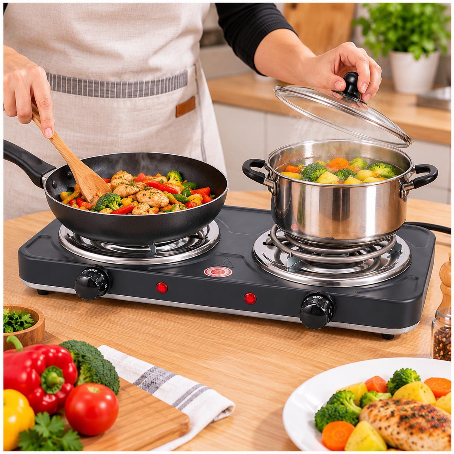 COCINA ELÉCTRICA NEGRA DOBLE HORNILLA 2000W PORTÁTIL 2 PLACAS TEMPERATURA REGULABLE - 4
