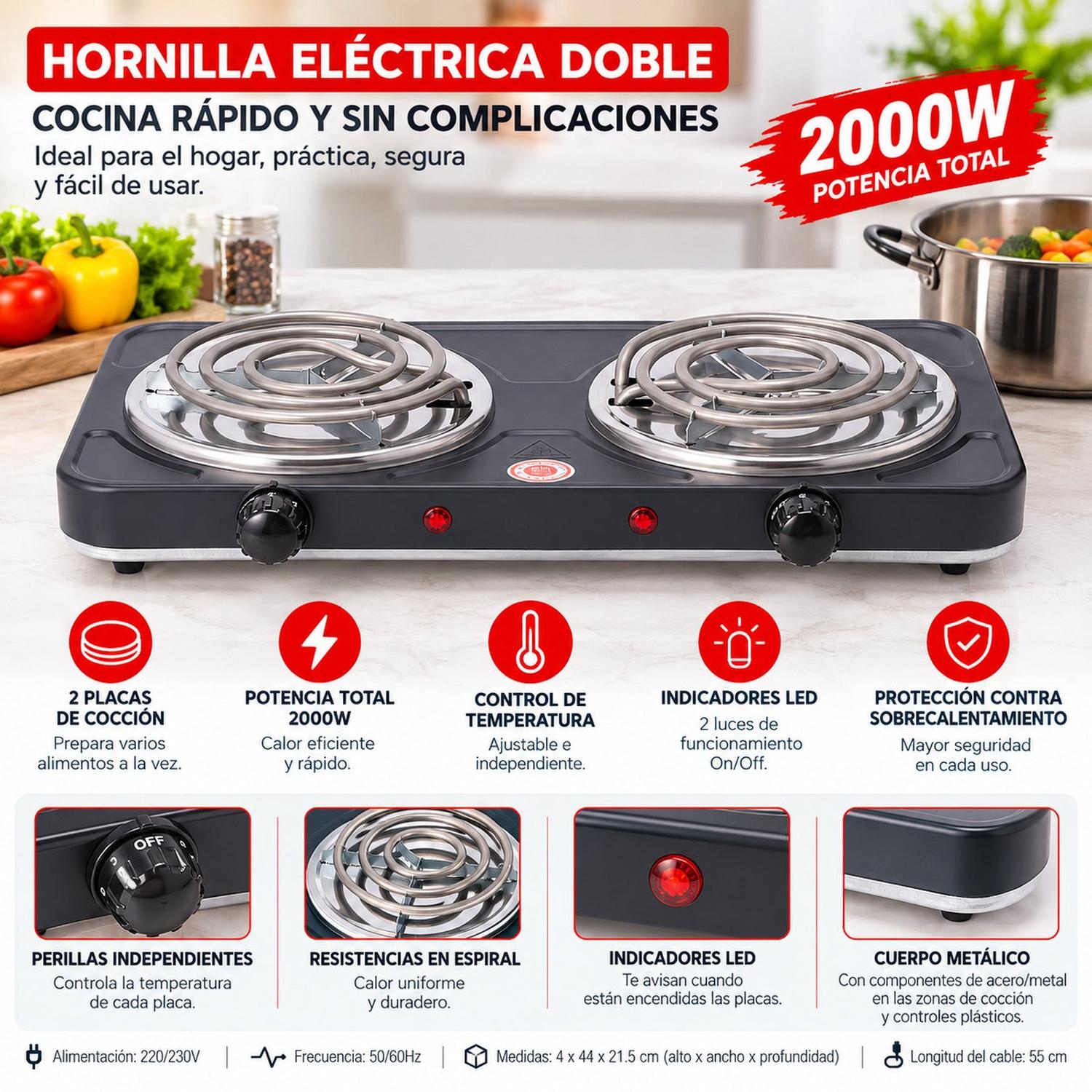 COCINA ELÉCTRICA NEGRA DOBLE HORNILLA 2000W PORTÁTIL 2 PLACAS TEMPERATURA REGULABLE - 5