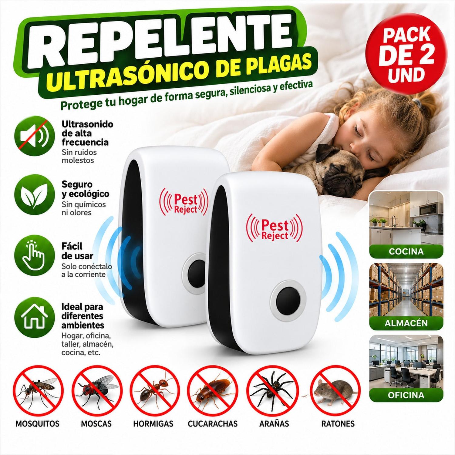 PACK X2 REPELENTE ELÉCTRICO 3W ECOLÓGICO ULTRASÓNICO DE PLAGAS INSECTOS ANTI ROEDORES - 4