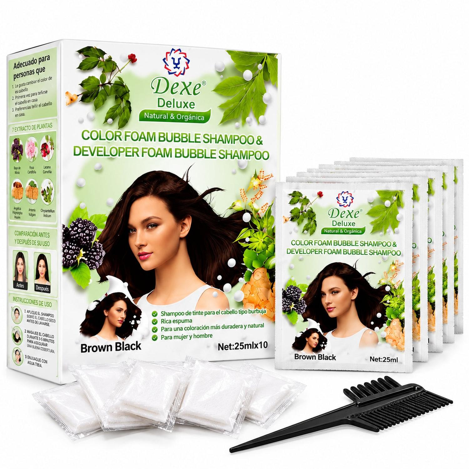PACK X10 SACHETS SHAMPOO TINTE DEXE DELUXE NEGRO CASTAÑO CUBRE CANAS - 1