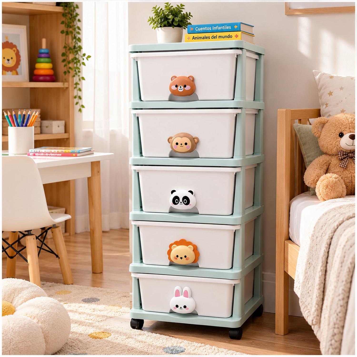 ORGANIZADOR INFANTIL DE 5 CAJONES CON RUEDAS Y DISEÑO DE ANIMALITOS 95X34X40CM - 2