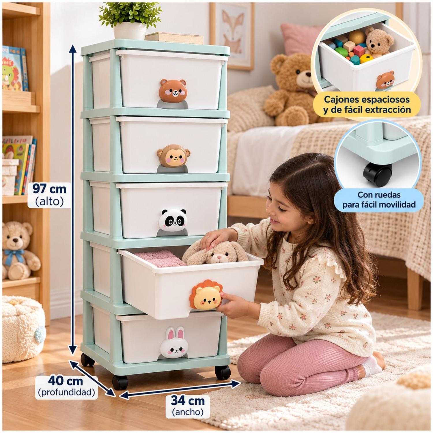 ORGANIZADOR INFANTIL DE 5 CAJONES CON RUEDAS Y DISEÑO DE ANIMALITOS 95X34X40CM - 3