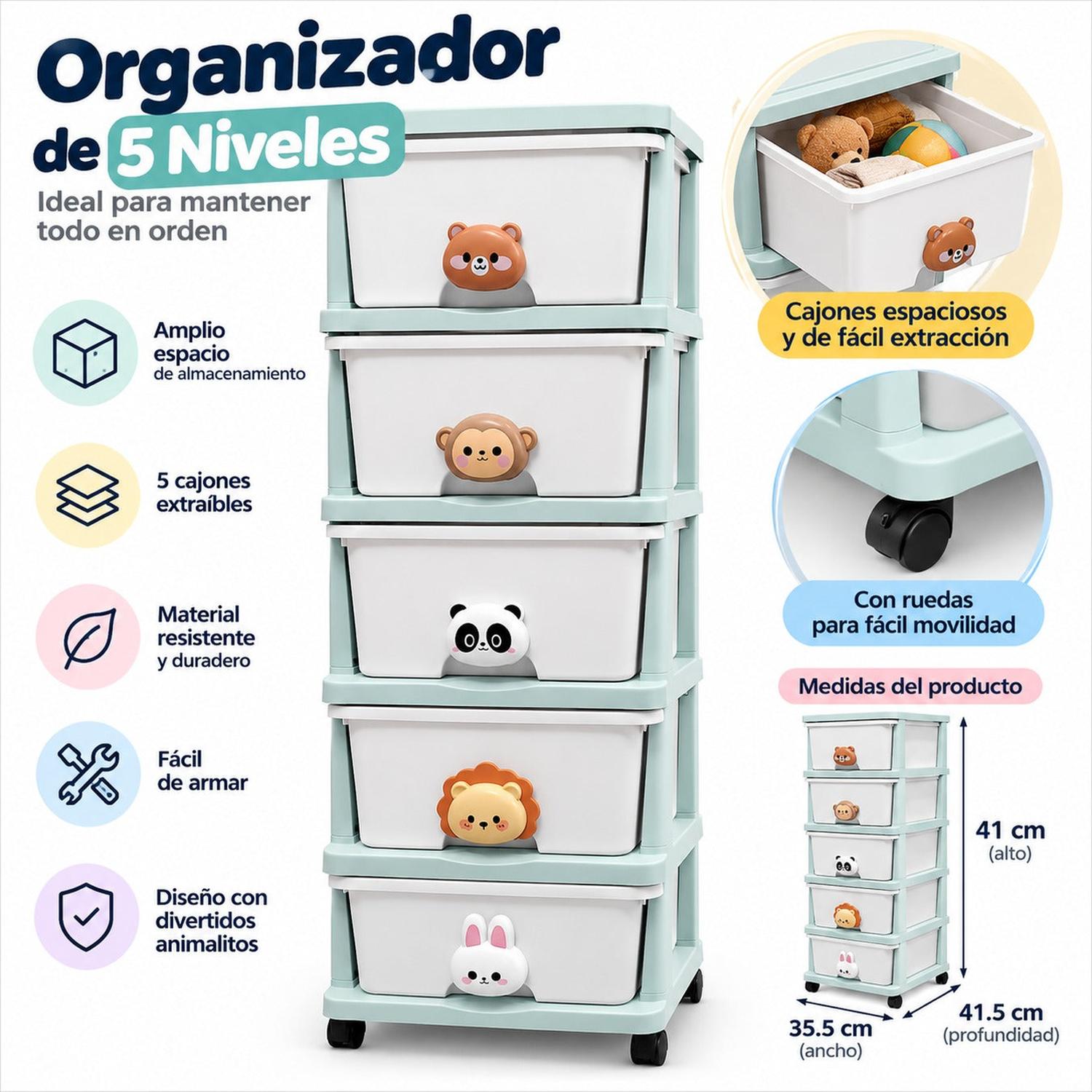 ORGANIZADOR INFANTIL DE 5 CAJONES CON RUEDAS Y DISEÑO DE ANIMALITOS 95X34X40CM - 4