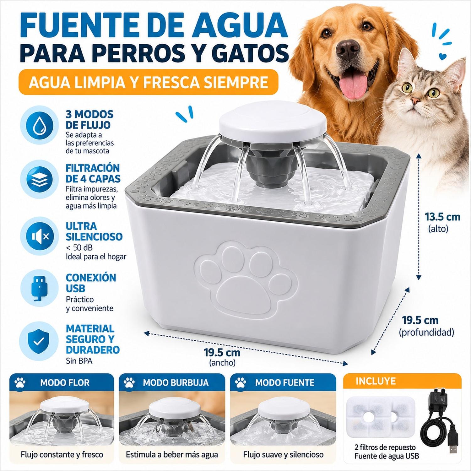 FUENTE BEBEDERO DE AGUA ELÉCTRICO AUTOMÁTICO PARA PERROS Y GATOS 2500ML CON FILTRO Y BOMBA - 5