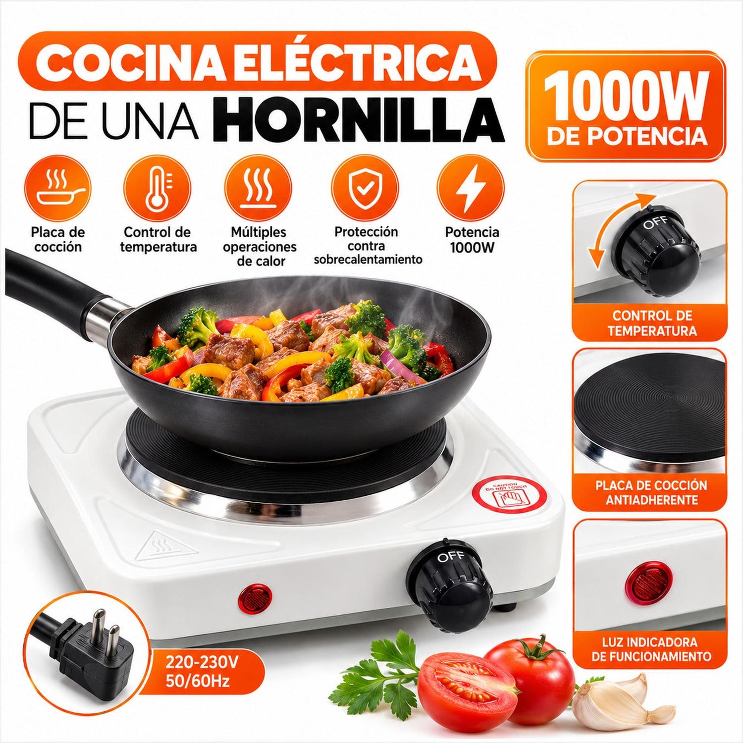 COCINA ELÉCTRICA BLANCA PORTÁTIL DE 1 HORNILLA 1000W CON TERMOSTATO REGULABLE - 4