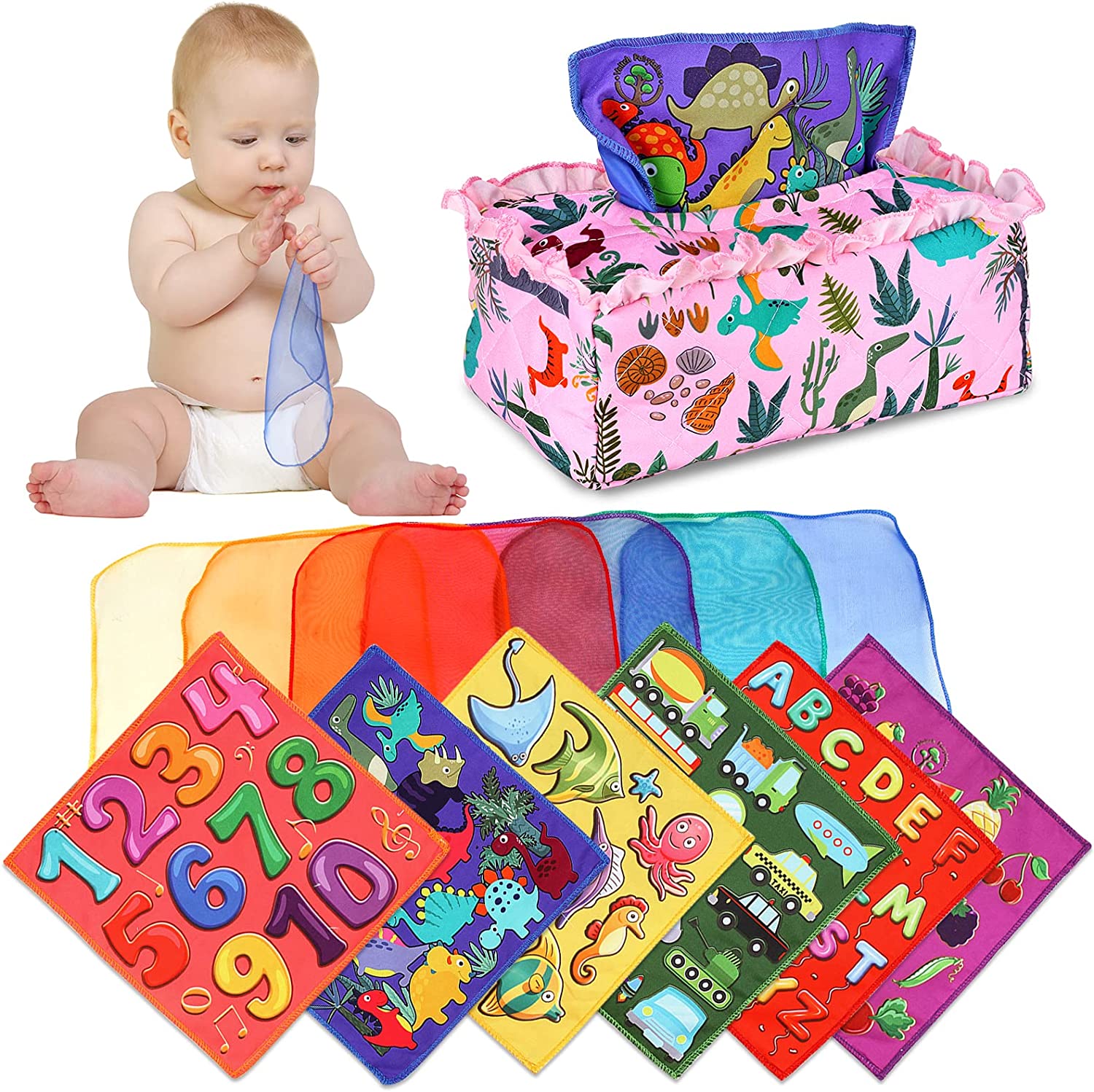 Caja De Pañuelos Sensorial Para Bebés – Juguete Montessori Con Papeles Arrugados Y Bufandas Coloridas – Incluye 3 Papeles Y 8 Bufandas