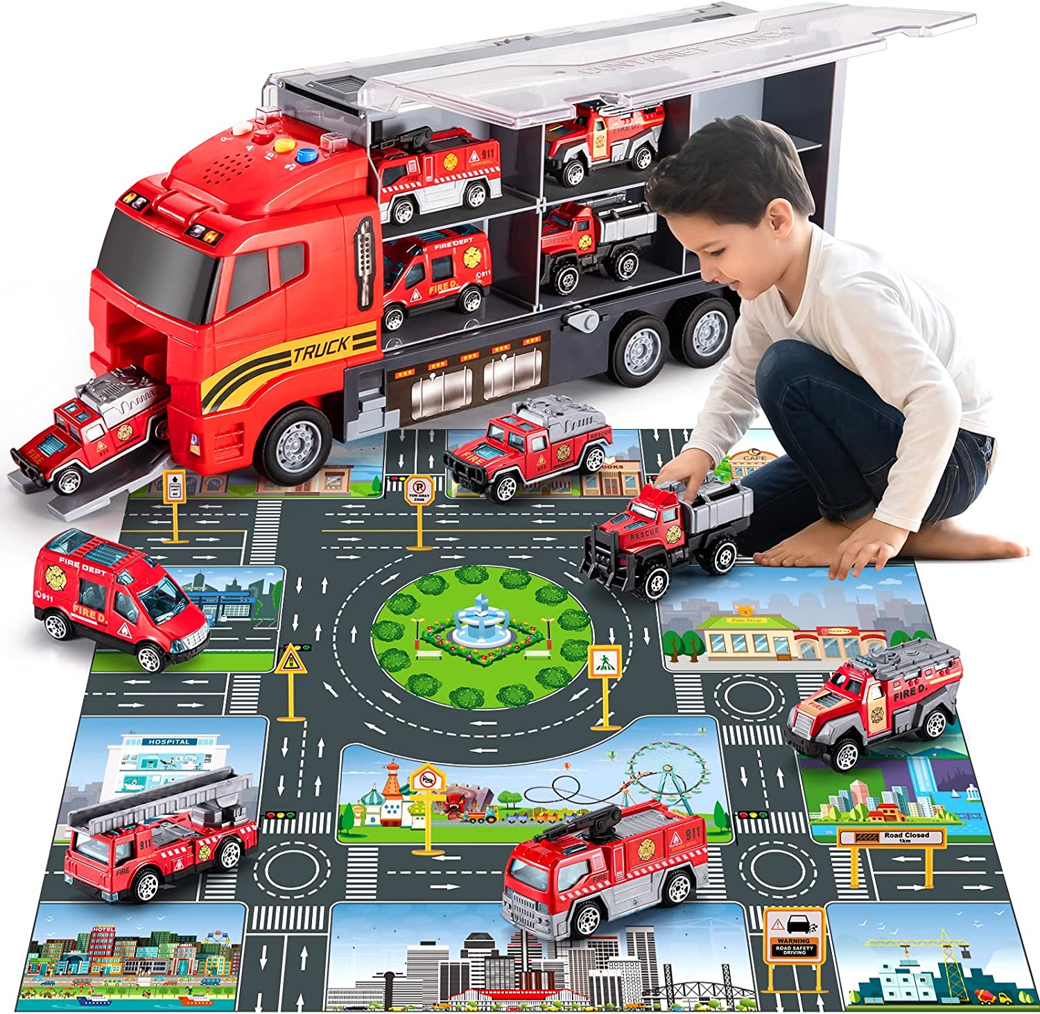 Esteopt Camion Transporteur Dinosaures – 12 Mini-Voitures – Circuit 160 Cm – Dès 3 Ans