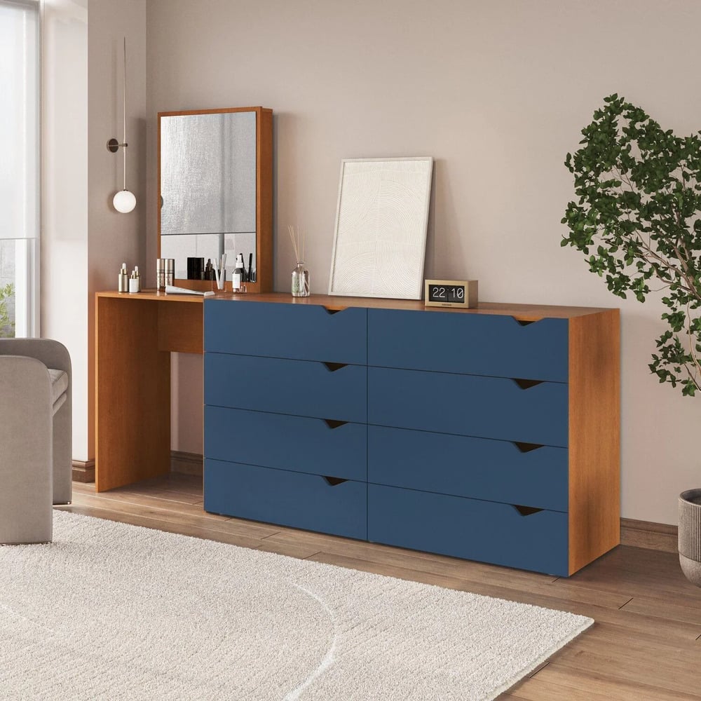 CÓMODA CON TOCADOR MODERNO MAPLE 8 CAJONES MARYRÓN CON AZUL RYR MUEBLES - 1