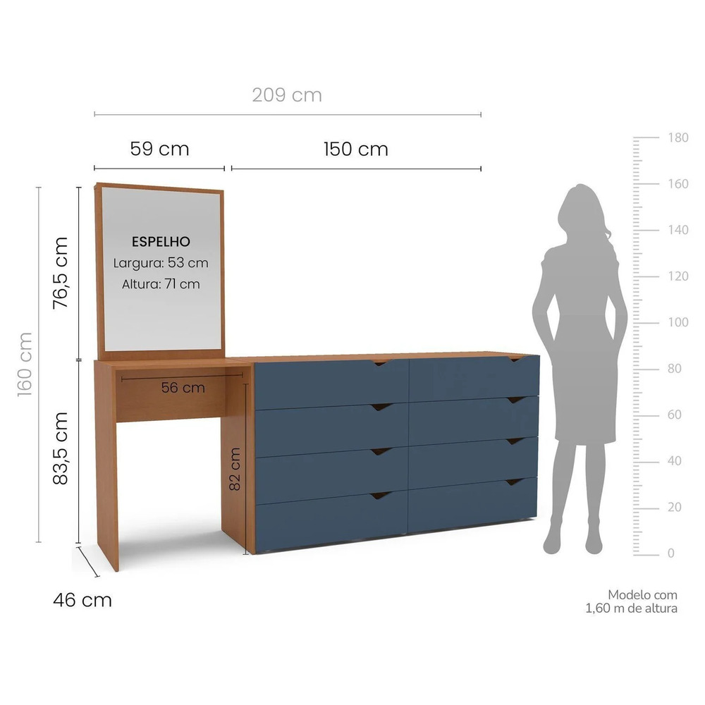CÓMODA CON TOCADOR MODERNO MAPLE 8 CAJONES MARYRÓN CON AZUL RYR MUEBLES - 3