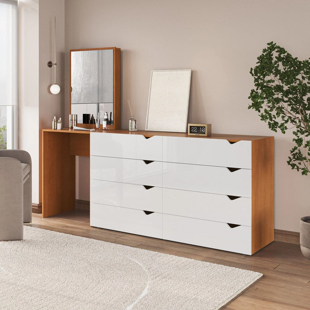 CÓMODA CON TOCADOR MODERNO MAPLE 8 CAJONES MARYRÓN Y BLANCO RYR MUEBLES - 1