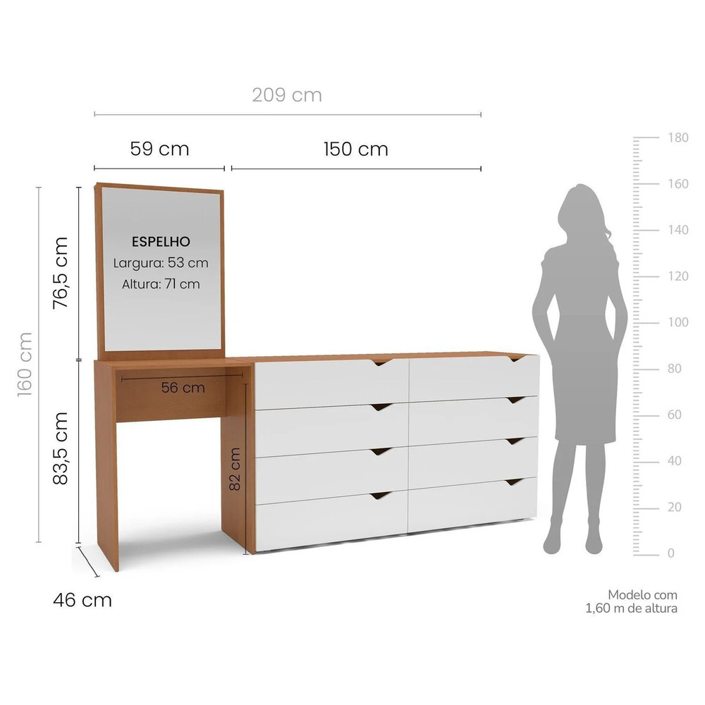 CÓMODA CON TOCADOR MODERNO MAPLE 8 CAJONES MARYRÓN Y BLANCO RYR MUEBLES - 3