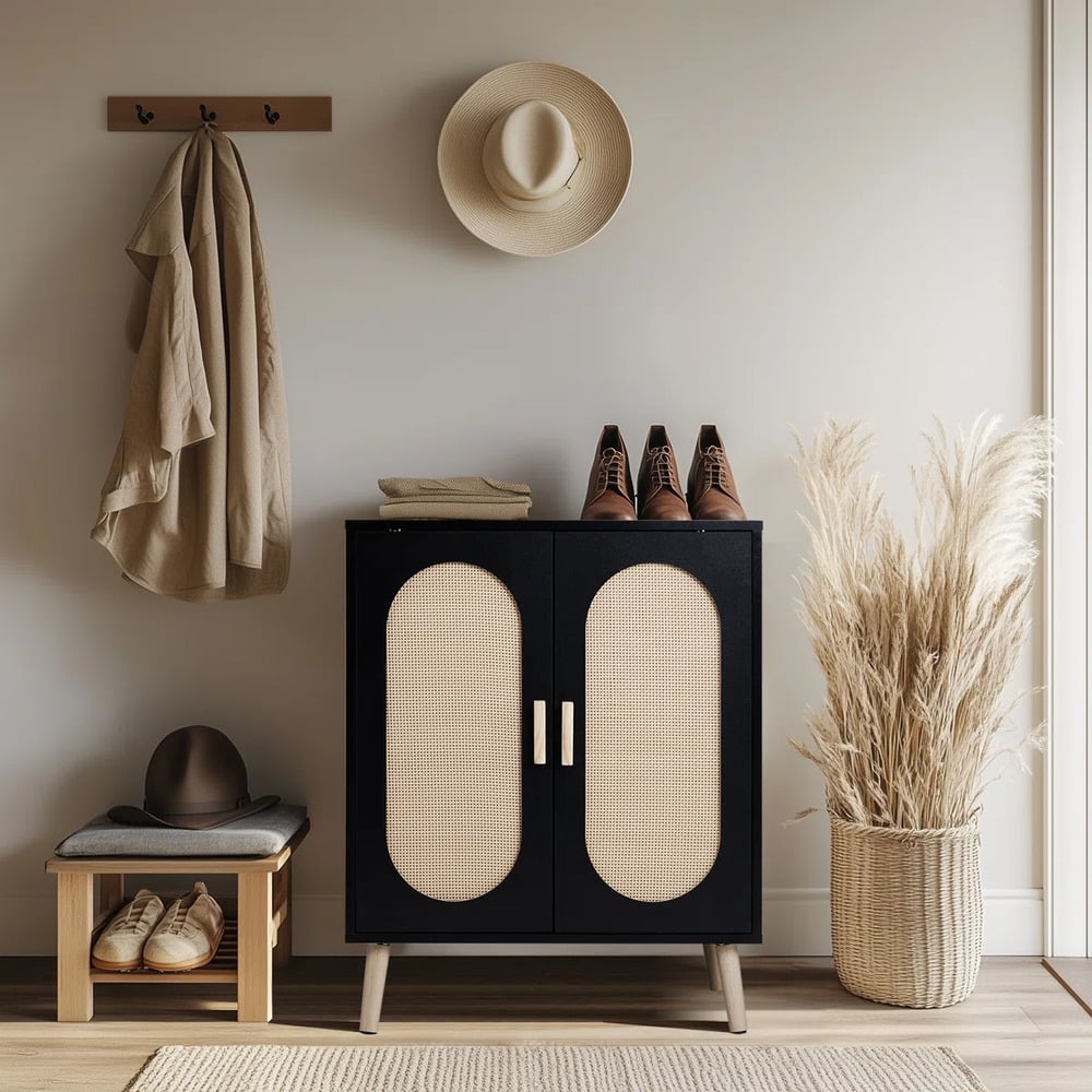 ZAPATERA NÓRDICA REBECA NEGRO 2 PUERTAS CON RATÁN RYR MUEBLES - 1