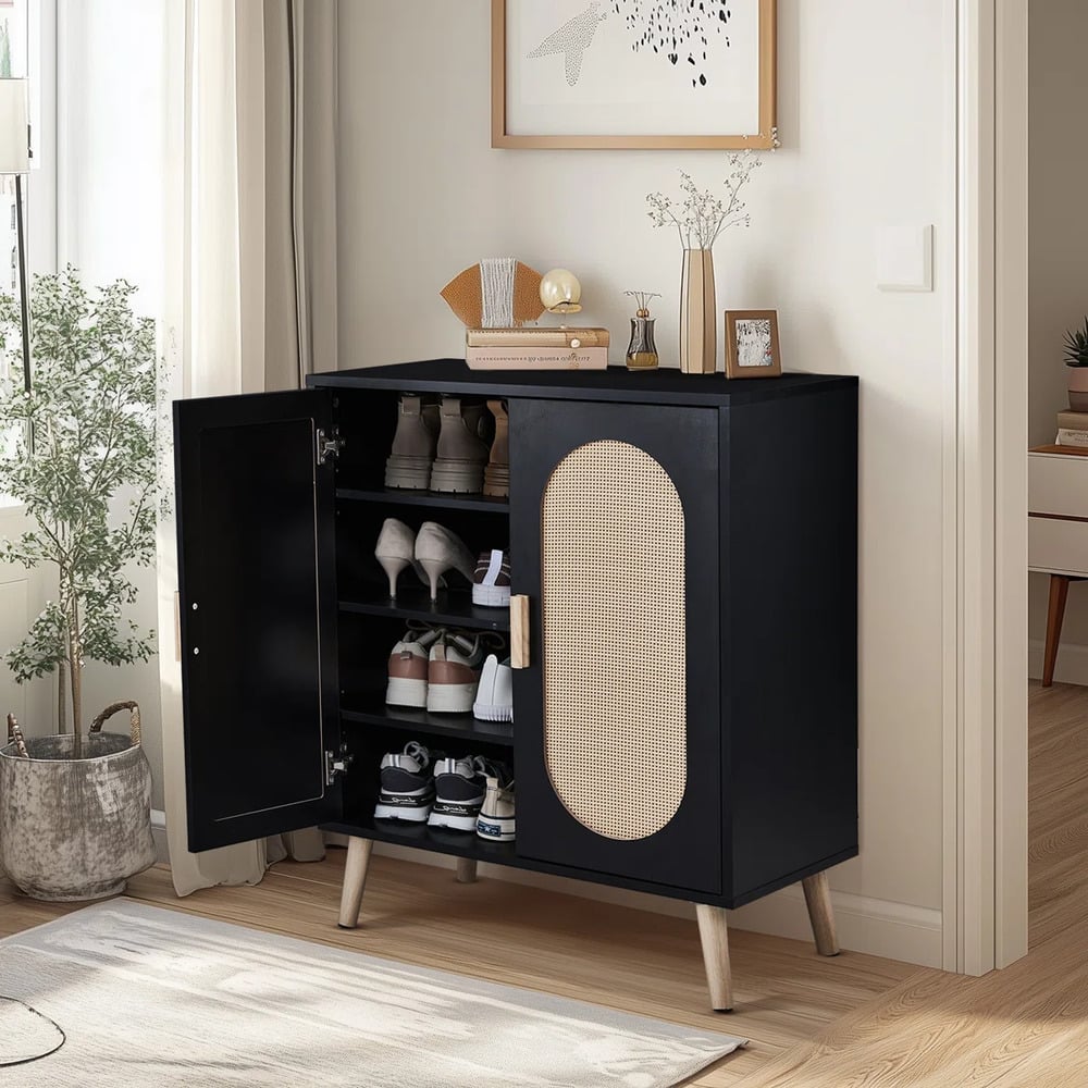ZAPATERA NÓRDICA REBECA NEGRO 2 PUERTAS CON RATÁN RYR MUEBLES - 2