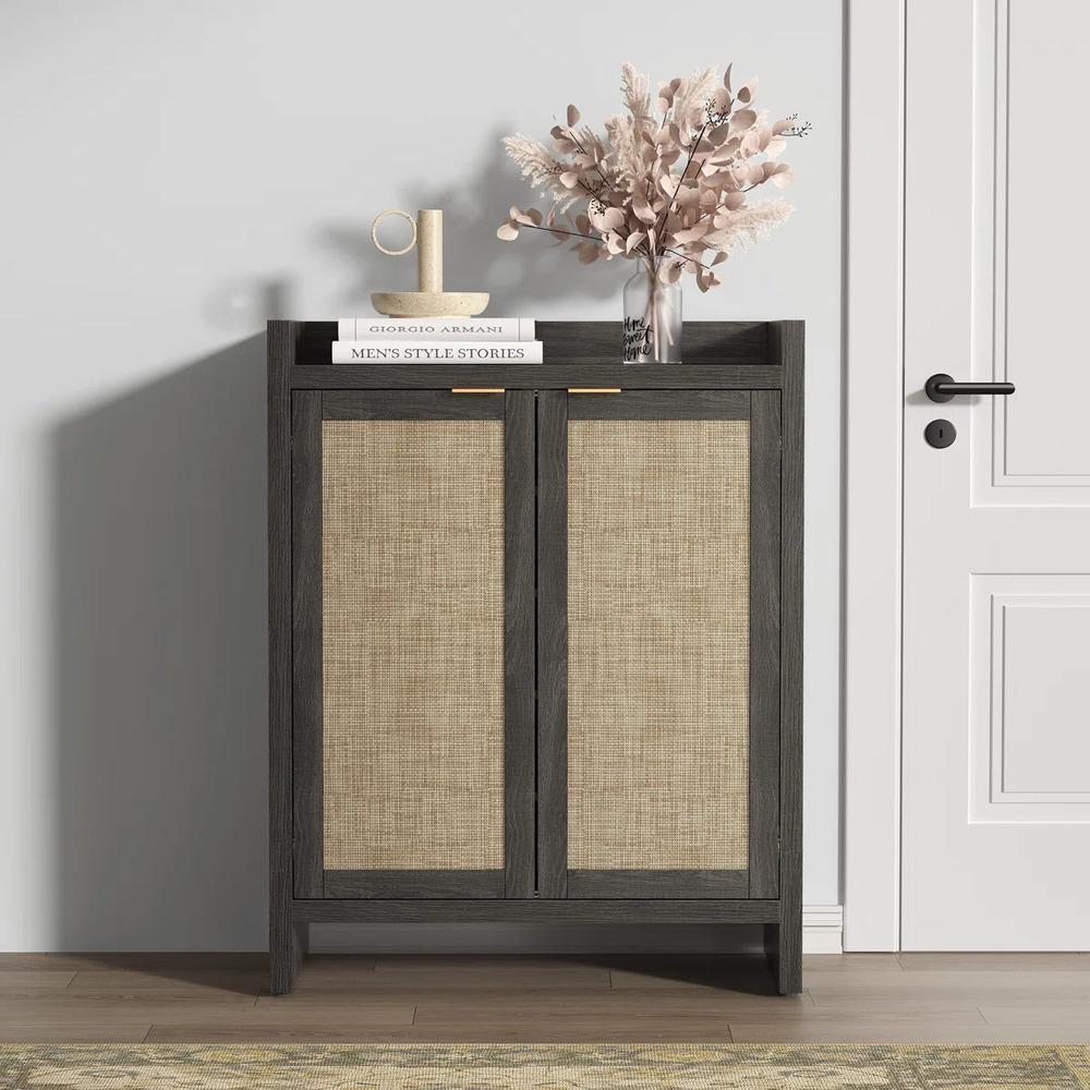 ZAPATERA NÓRDICA OFELIA NEGRO 2 PUERTAS CON RATÁN RYR MUEBLES - 2
