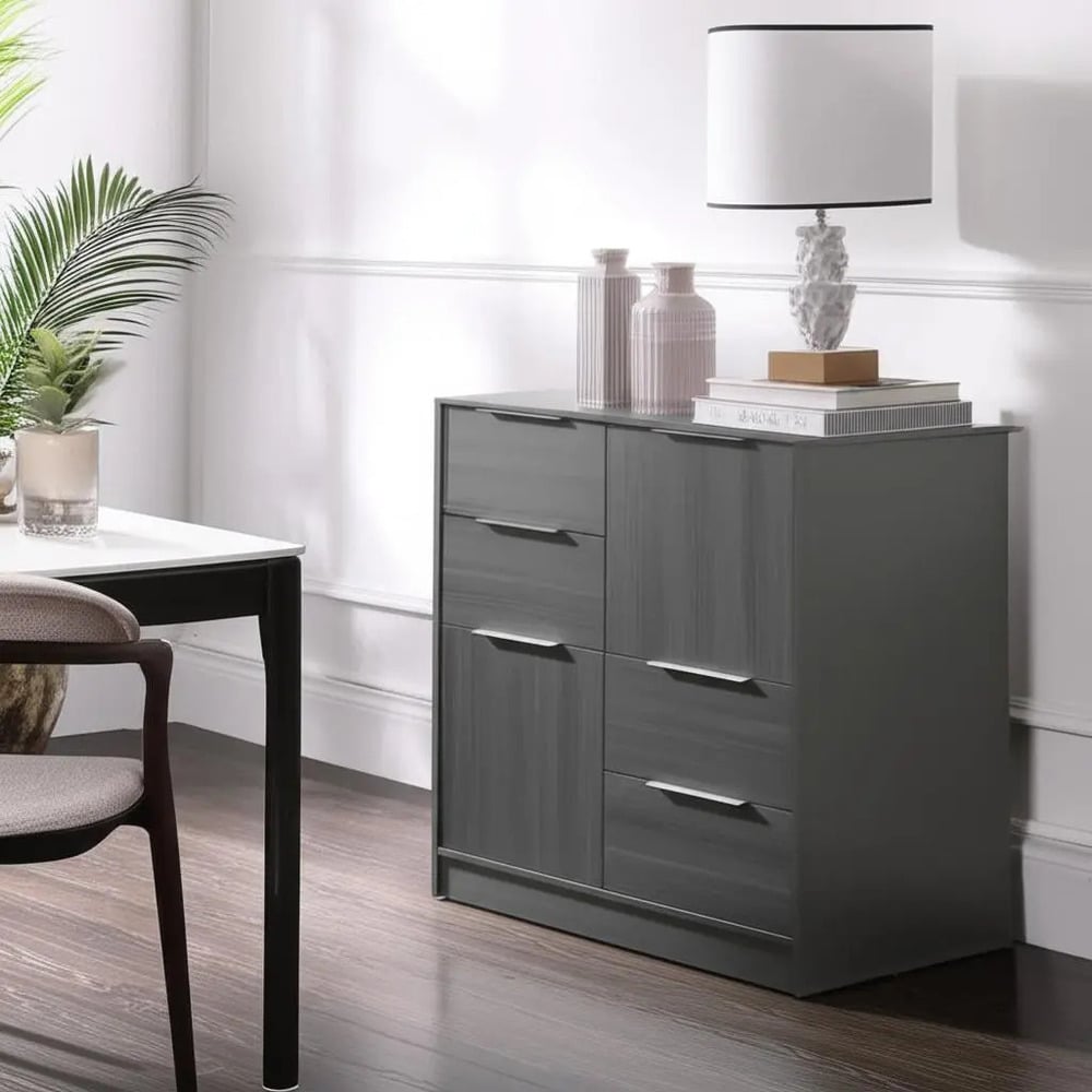 CÓMODA MODERNA JAMES GRIS ROBLE 2 PUERTAS 4 CAJONES RYR MUEBLES - 1