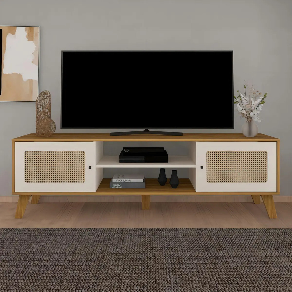 MESA DE TV NÓRDICA SAGRA 2 PUERTAS CON RATÁN DUNA Y BLANCO RYR MUEBLES - 1