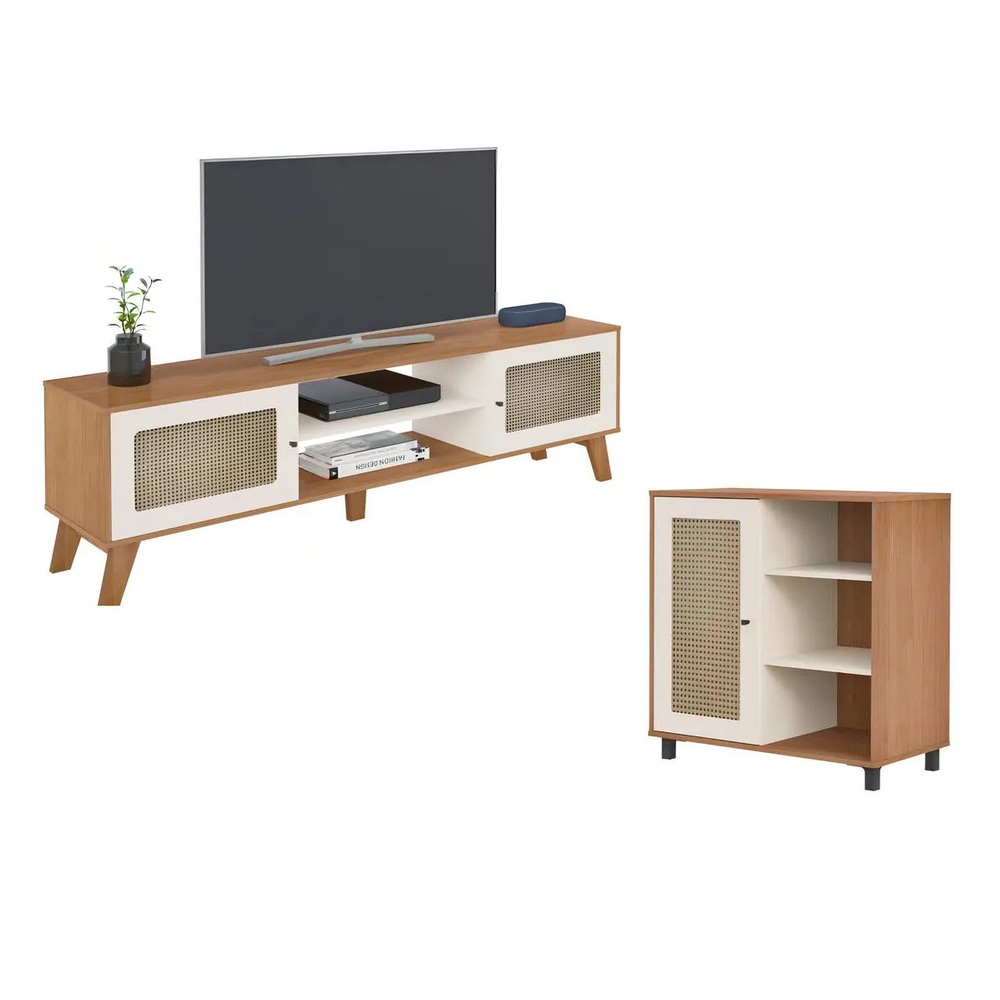 COMBO MESA DE TV Y APARADOR NÓRDICA SAGRA CON RATÁN PANELA Y BLANCO RYR MUEBLES - 1