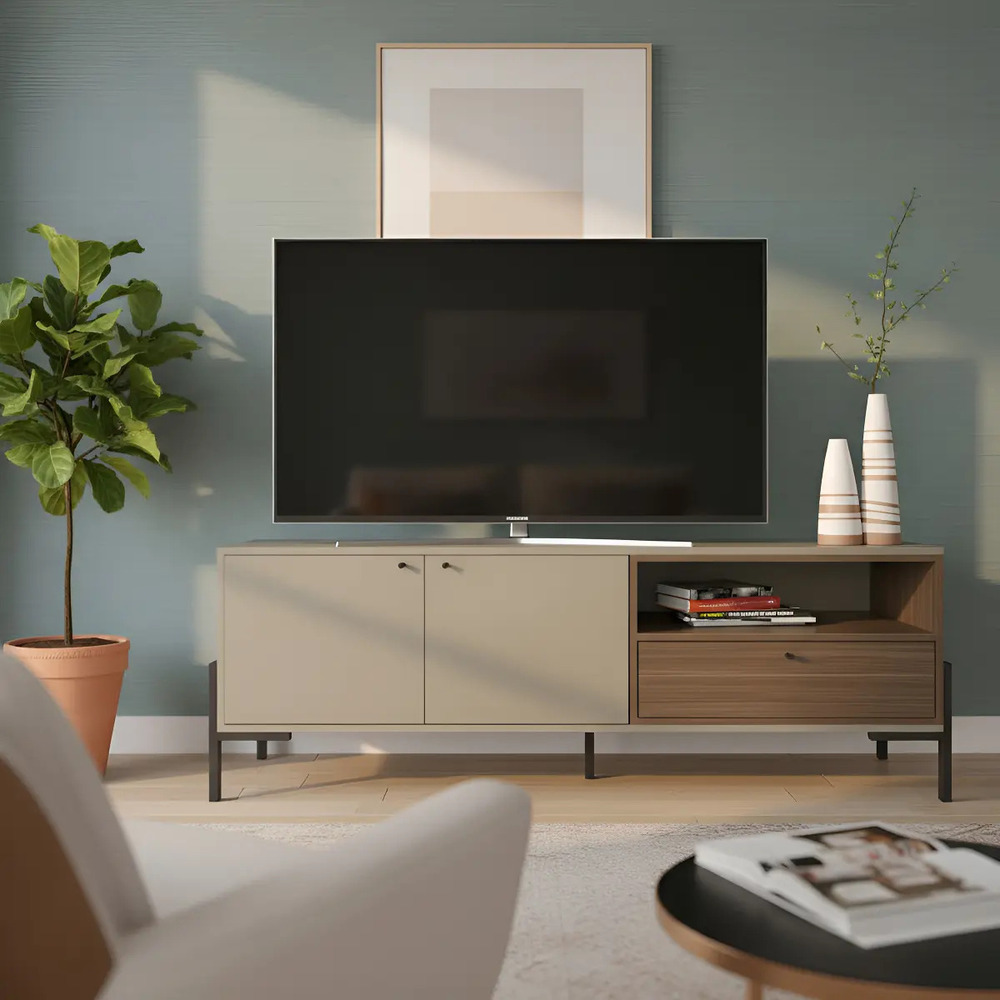 MESA DE TV MODERNA VICENTE TAUPE Y GALES RYR MUEBLES - 1
