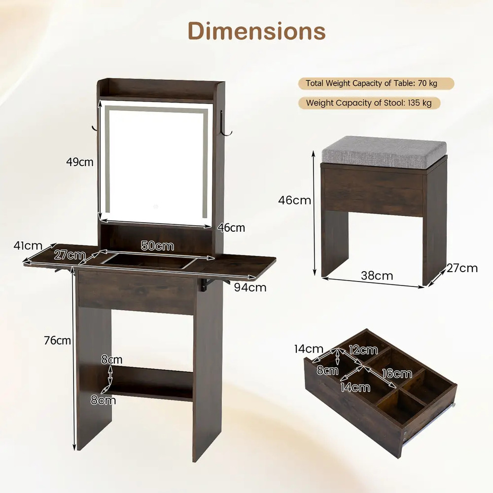 TOCADOR COMPACTO MODERNO MÁS BANQUETA MICHEILLE 50 CM MARRÓN OSCURO RYR MUEBLES - 2