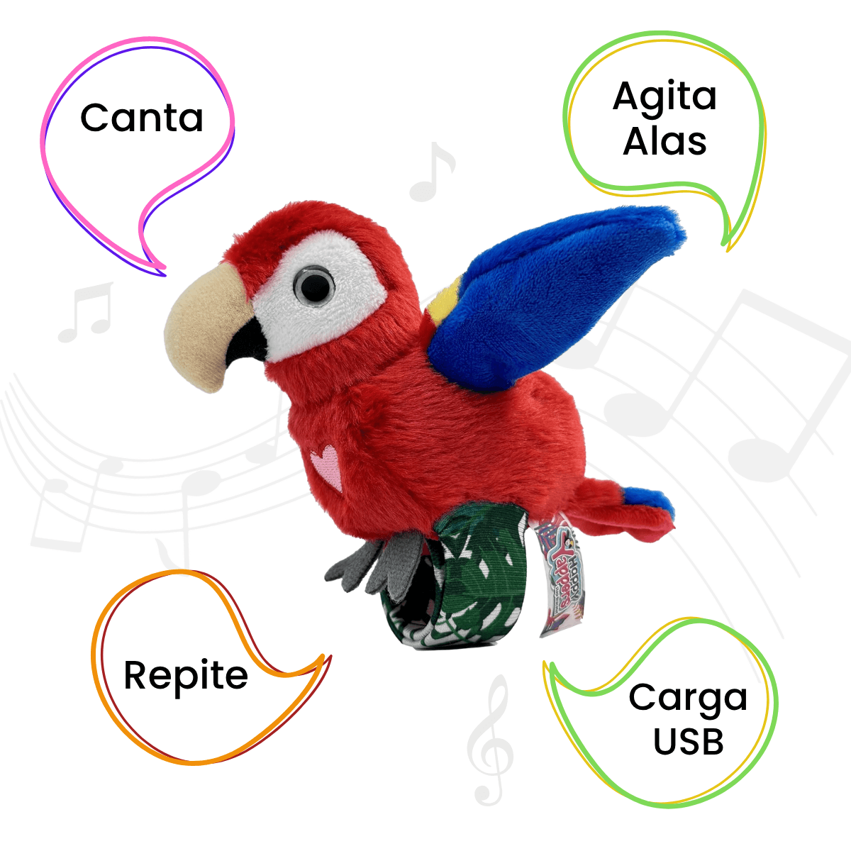 PÁJAROS INTERACTIVO CON MUÑEQUERA REPITEN ALETEAN Y CANTAN - HAPPY YAPPERS LORO ROJO - 3