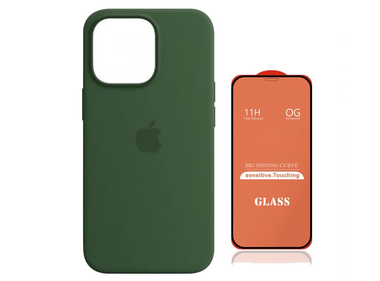 FUNDA SILICONE CASE PARA IPHONE 15 PRO MAX VERDE MILITAR + MICA DE VIDRIO 11D COMPLETO - 1