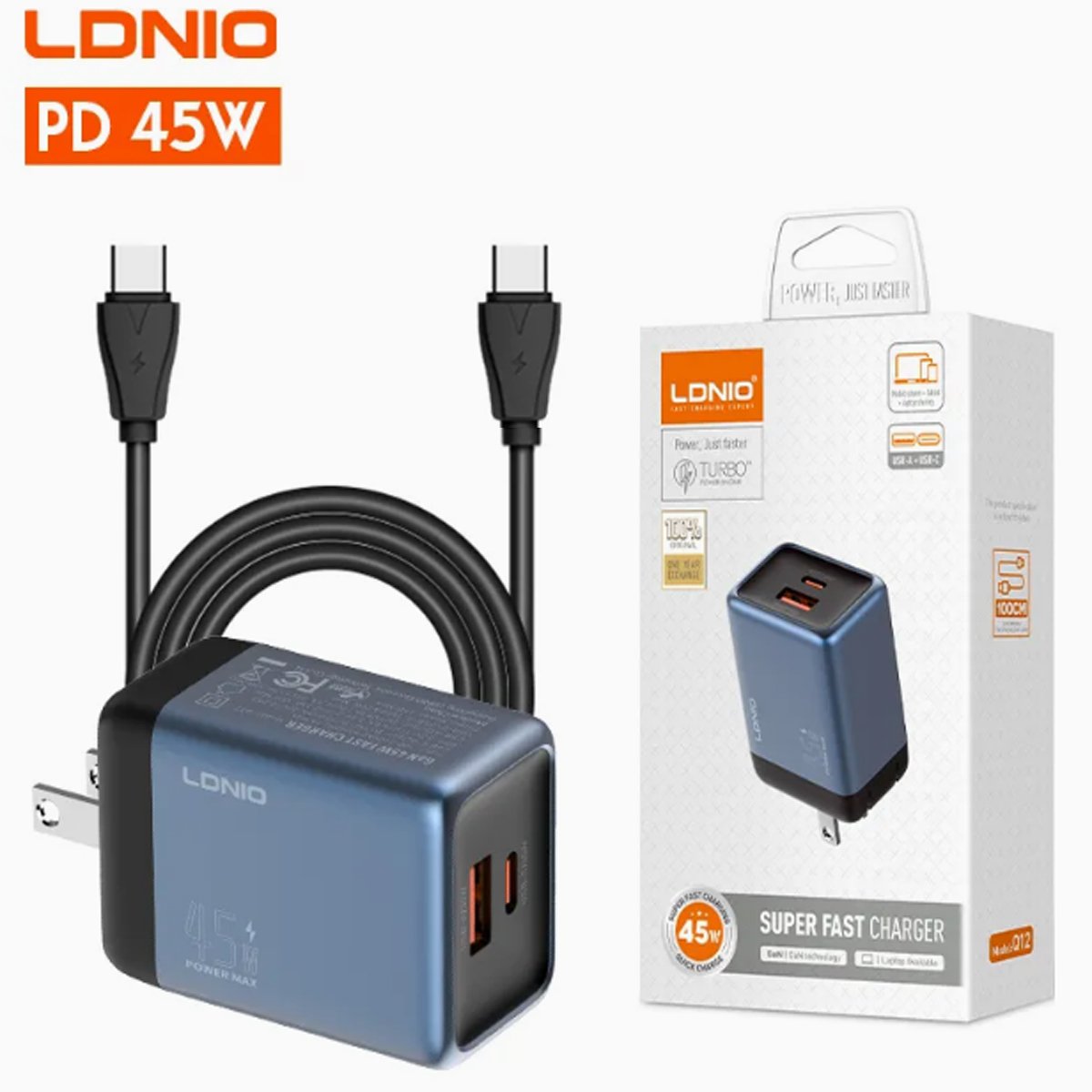 CARGADOR GAN LDNIO Q12 DE 45W CON CABLE C A C SUPER FASR CHARGER - AZUL - 2