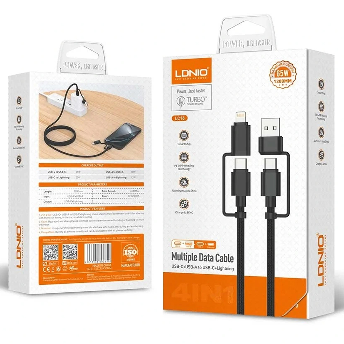 CABLE LDNIO LC16 65W 4-IN-1 FAST CHARGING USB-C LIGHTING TO USB-A USB-C - 2