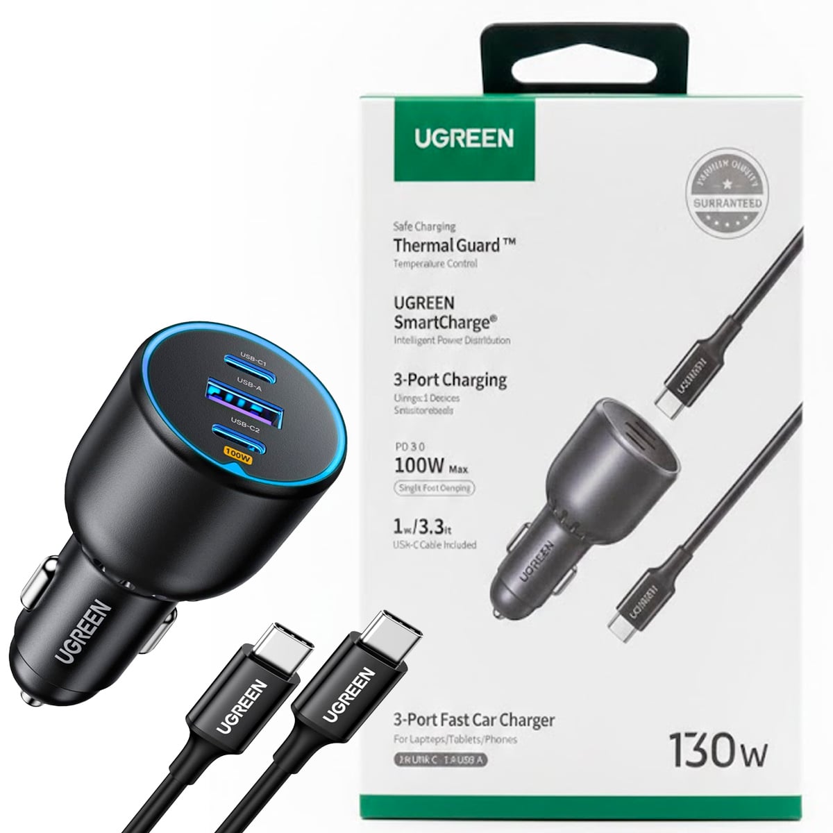 CARGADOR AUTO UGREEN EC705 130W USB C PARA IPHONE, IPAD, MACBOOK - 1