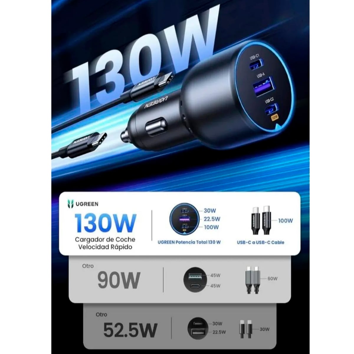 CARGADOR AUTO UGREEN EC705 130W USB C PARA IPHONE, IPAD, MACBOOK - 4