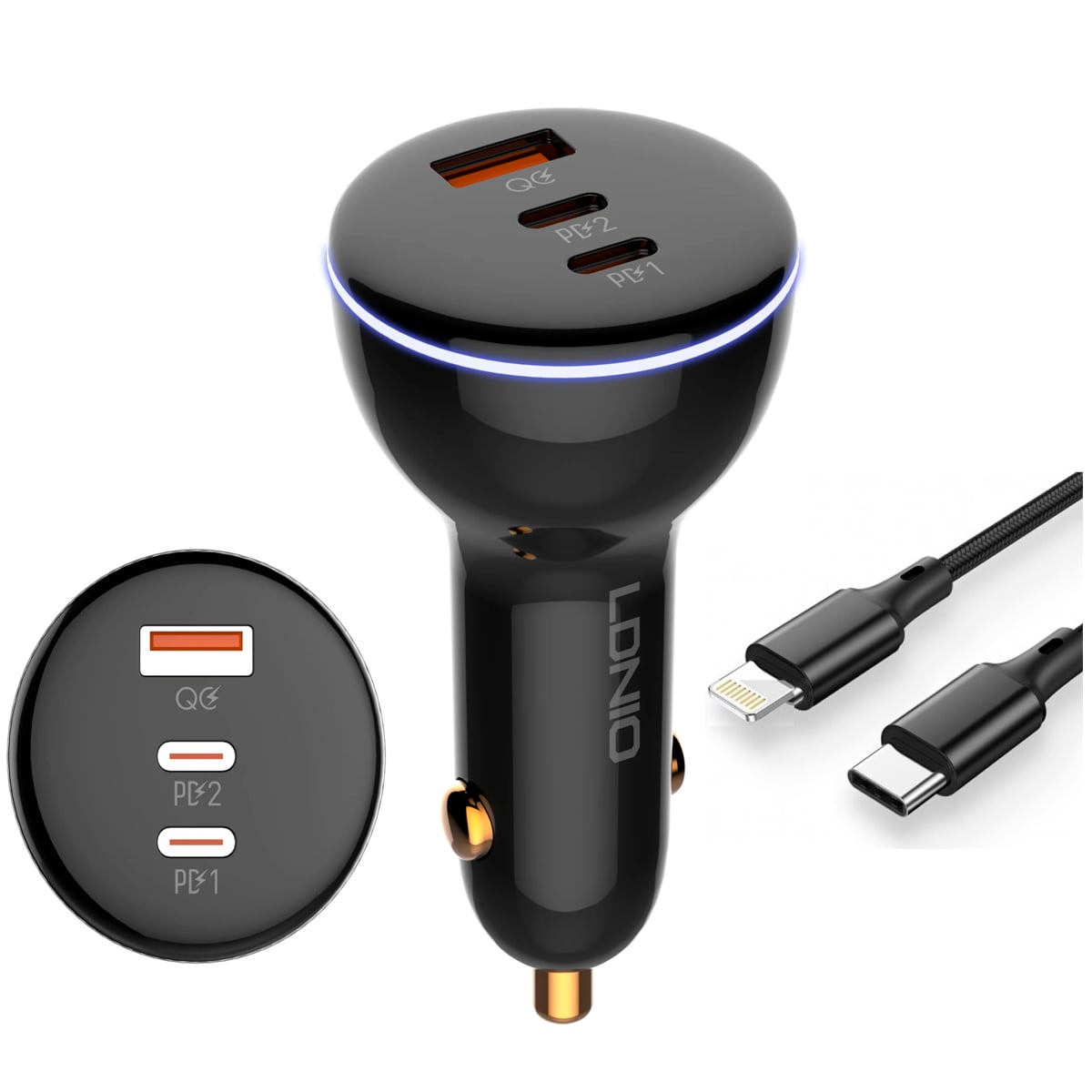 CARGADOR DE AUTO 160W LDNIO C102, 1 USB + 2X USB-C INCLUYE CABLE LIGTHNING - 1