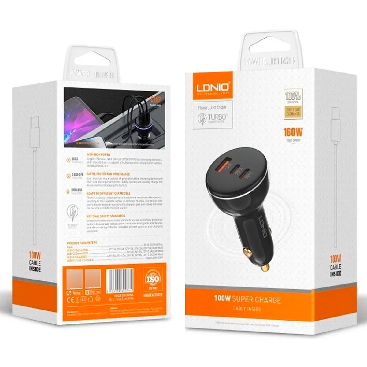 CARGADOR DE AUTO 160W LDNIO C102, 1 USB + 2X USB-C INCLUYE CABLE LIGTHNING - 3