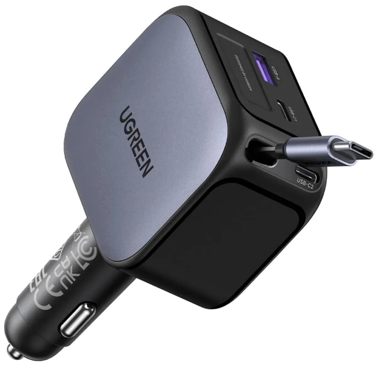 CARGADOR DE AUTO UGREEN EC604 NEXODE 145W CON CABLE RETRACTIL GRIS - 2