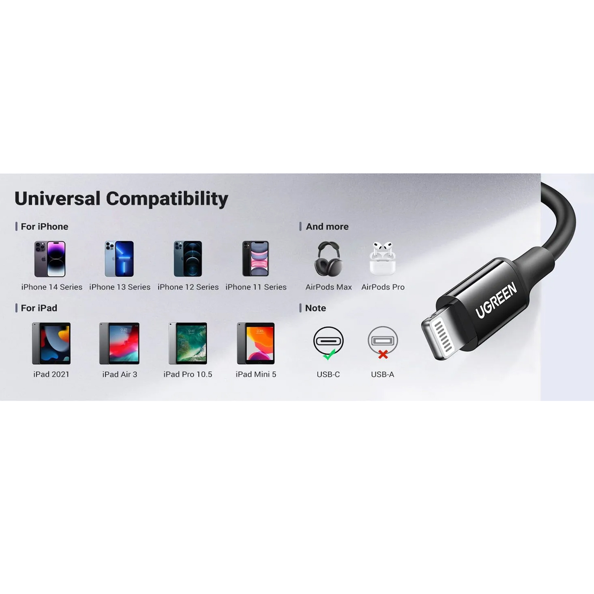 CABLE UGREEN CARGA RAPIDA USB-C A LIGHTNING 1M NEGRO - 5