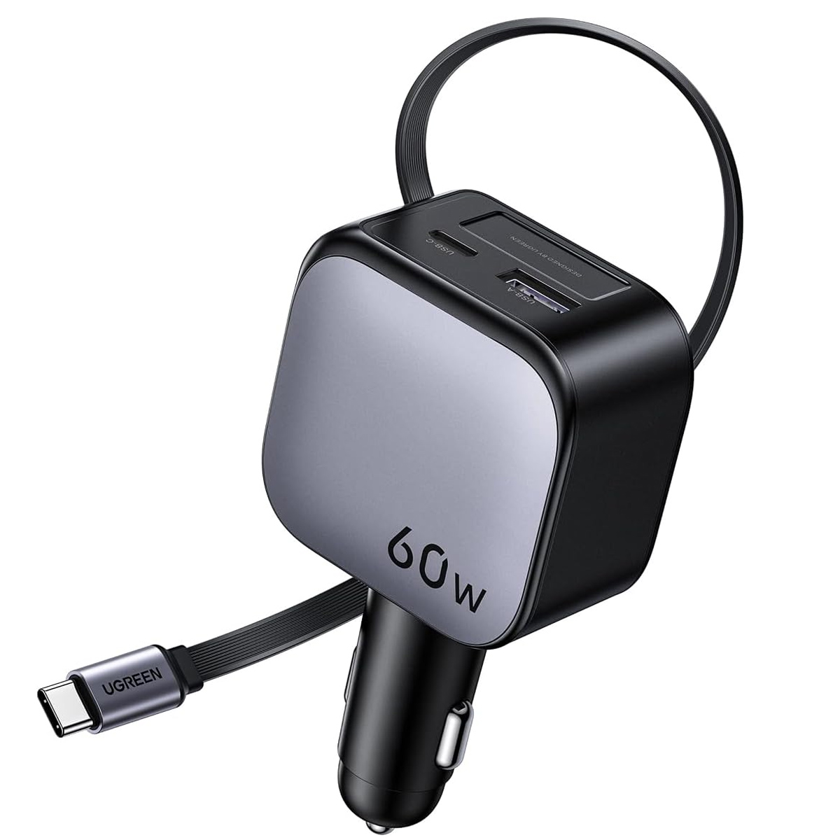 CARGADOR DE AUTO UGREEN EC602 55212B NEXODE 60W CON CABLE RETRACTIL GRIS - 1