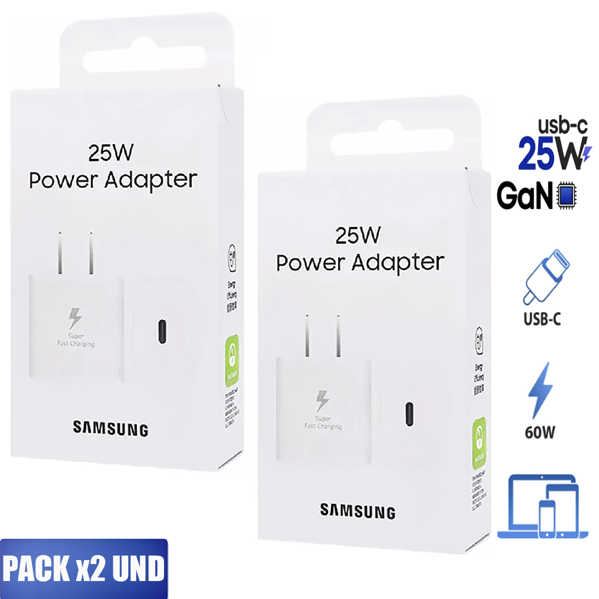 PACK X2 CARGADOR DE PARED 25W GAN SIN CABLE BLANCO - 2