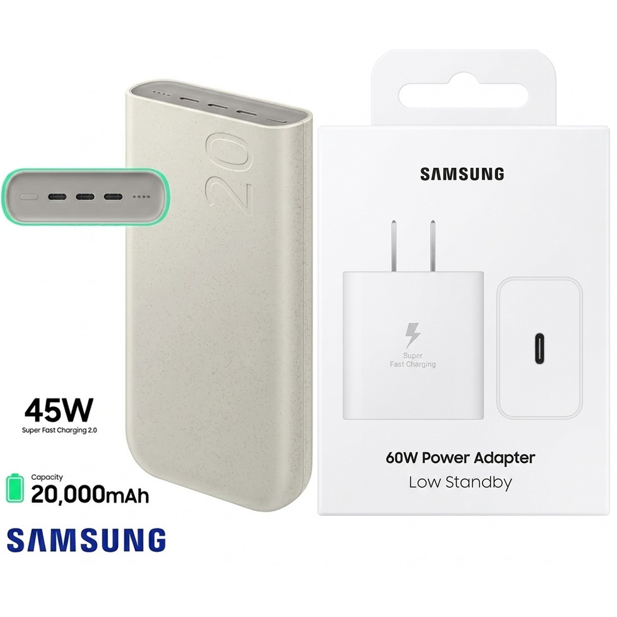 KIT SAMSUNG POWER BANK 20000 MAH + CARGADOR 60W BLANCO - 1
