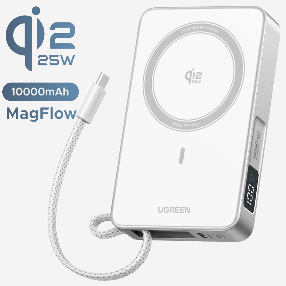 POWER BANK UGREEN PB773 MAGFLOW 10000MAH QI2 25W INALÁMBRICO - BLANCO - 1