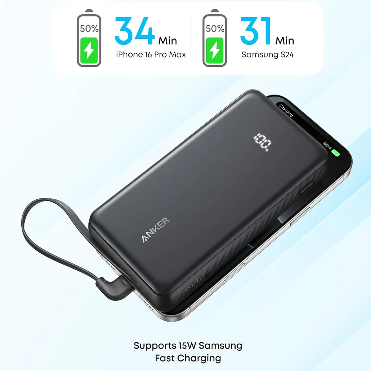 BATERÍA EXTERNA ZOLO (20.000 DE 22.5W CON CABLE USB-C INTEGRADO) - NEGRO - 3